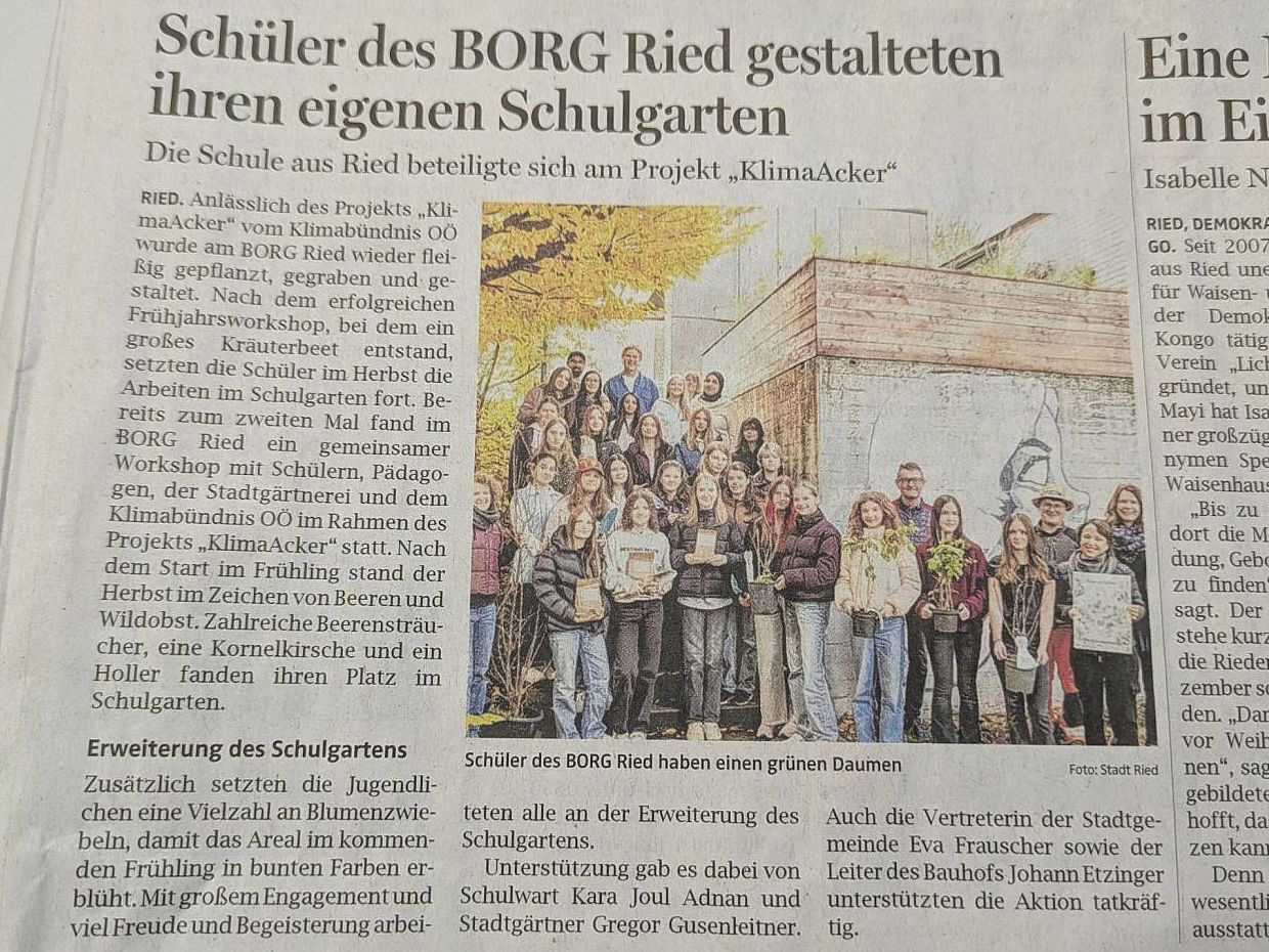 Klimaacker-projekt des BORG Ried in der Zeitung